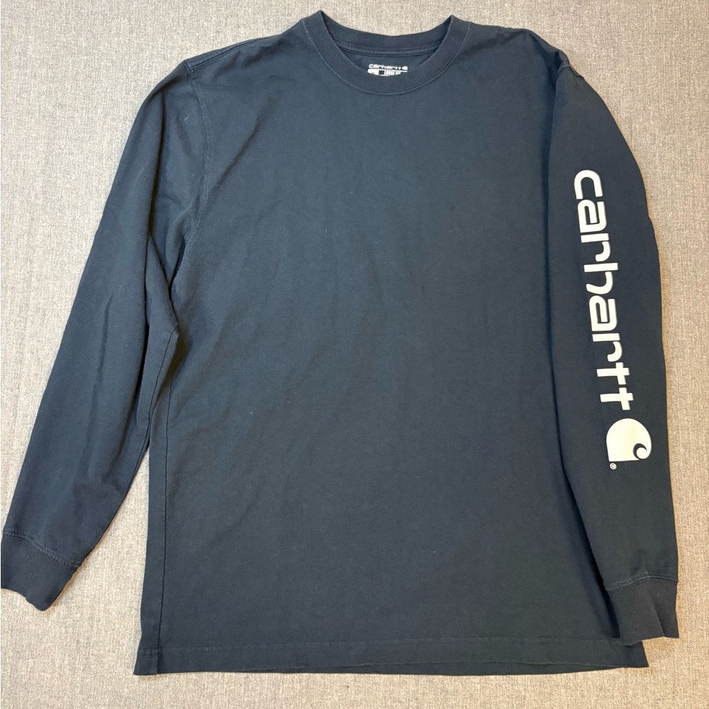 Carhartt Long Sleeve Logo Tee — Navy with White Sleeve Print